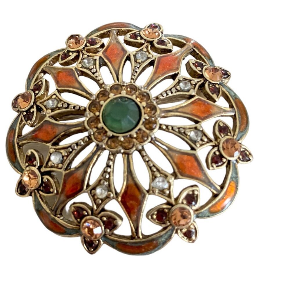 MONET VTG Flower Petal Ribbon Rhinestone Enamel Round Fashion Brooch Pin SIGNED
